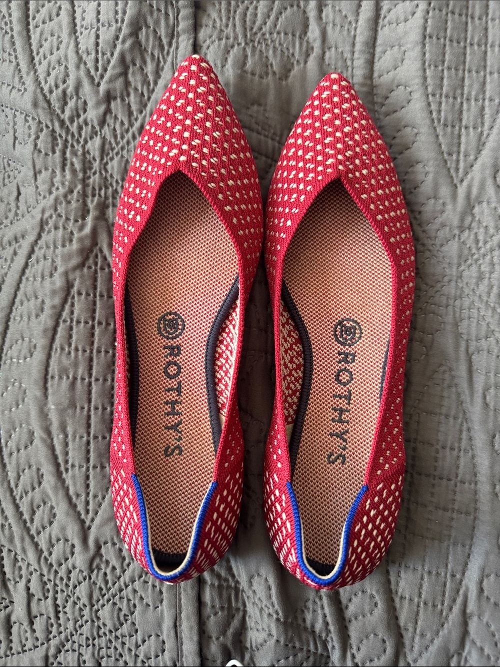 Rothy's Women's Pointed Knit Flats in Red with Blue Trim